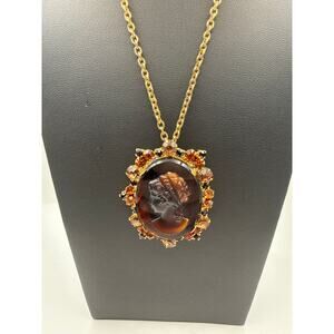 Vintage Juliana DeLizza & Elster Tiger Cameo Brooch Pendant on Gold Tone Chain